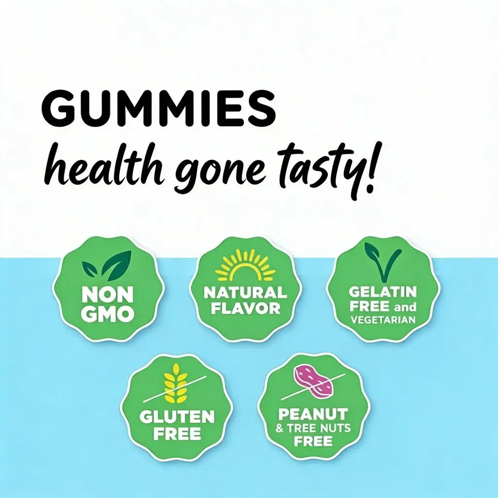 Promotional graphic for gummies with health benefits on a blue and white background