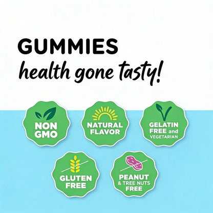 Promotional graphic for gummies with health benefits on a blue and white background