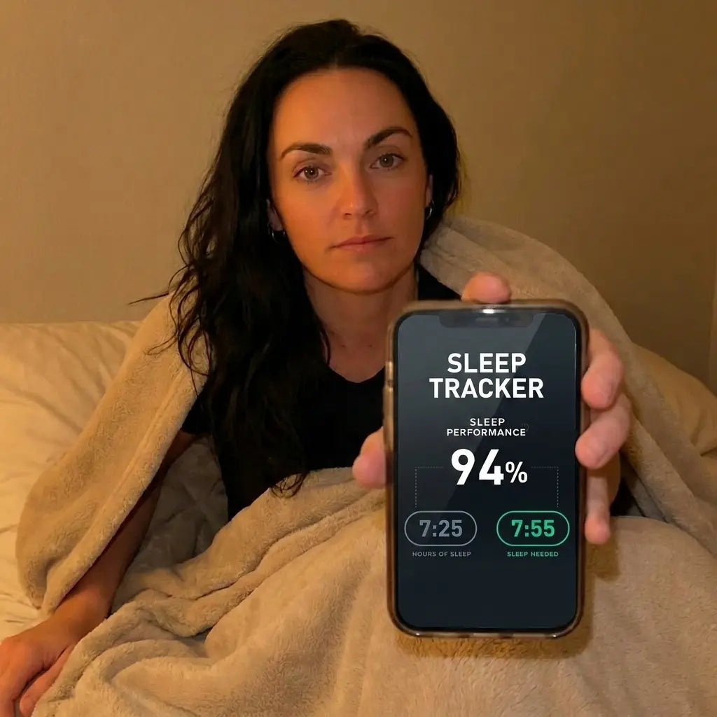 Woman in bed holding a phone with a sleep tracker app displayed